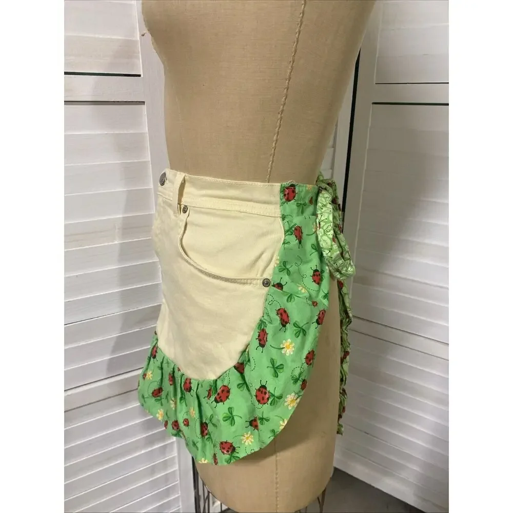 Handmade Ivory Denim Jeans Half Apron Ladybug Fabric Ruffle One Size
